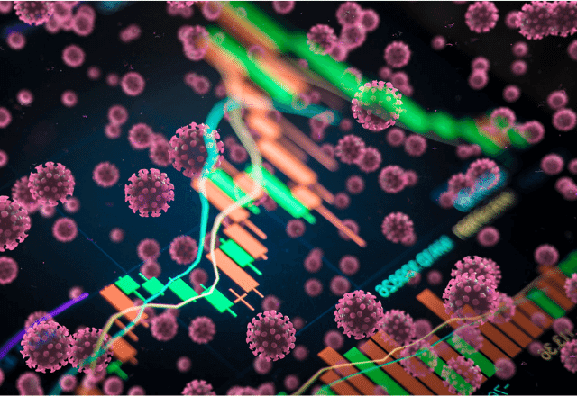 Illustration of coronavirus cells floating