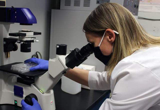 Researcher with microscope