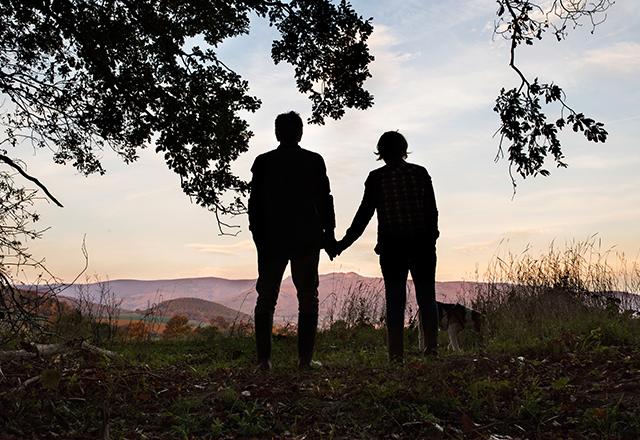 heart and vascular institute - image of couple walking together with dog in woods