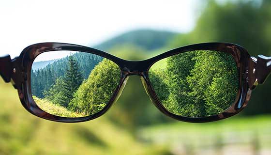 Prescription glasses held against a forest background